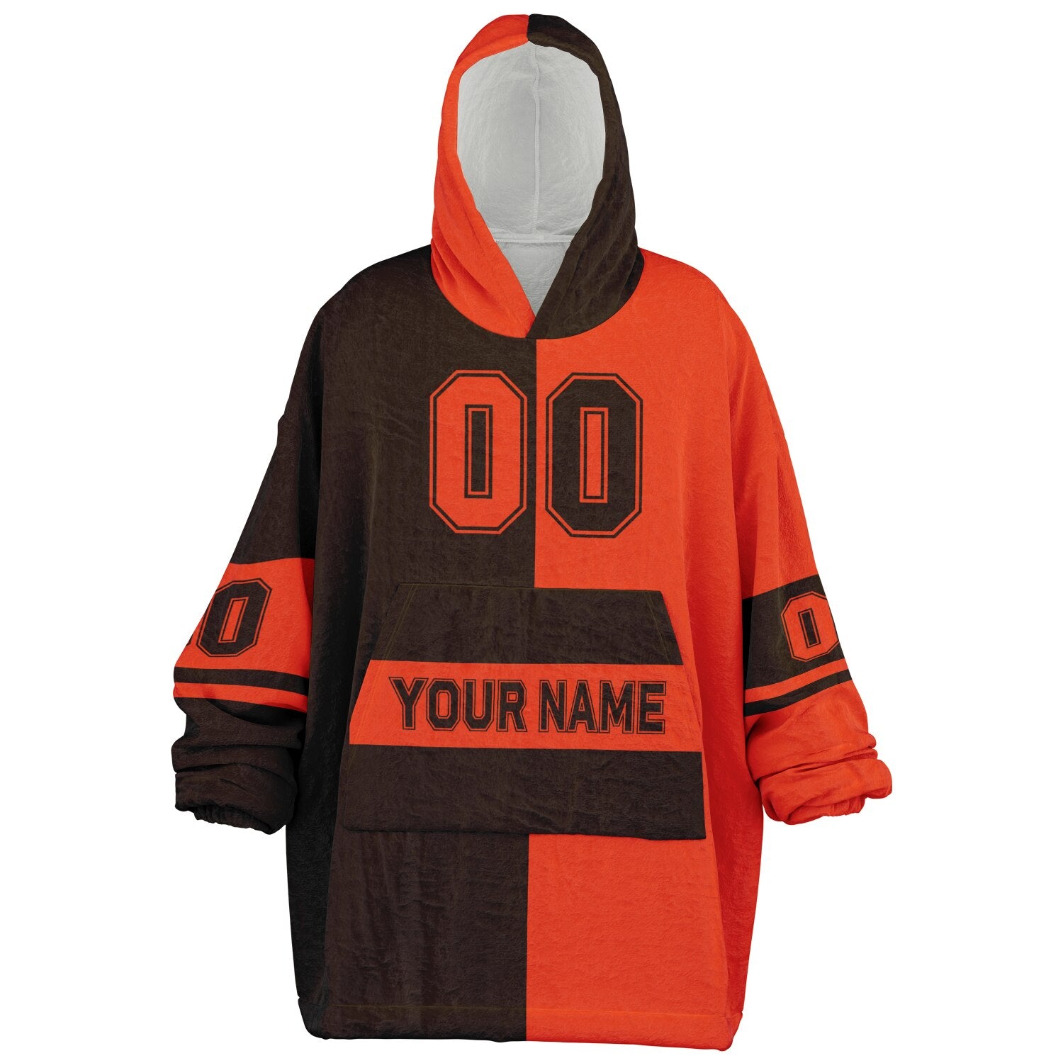 Brown and orange halftime snug hoodie featuring a symmetrical split design for a dynamic game-day look.