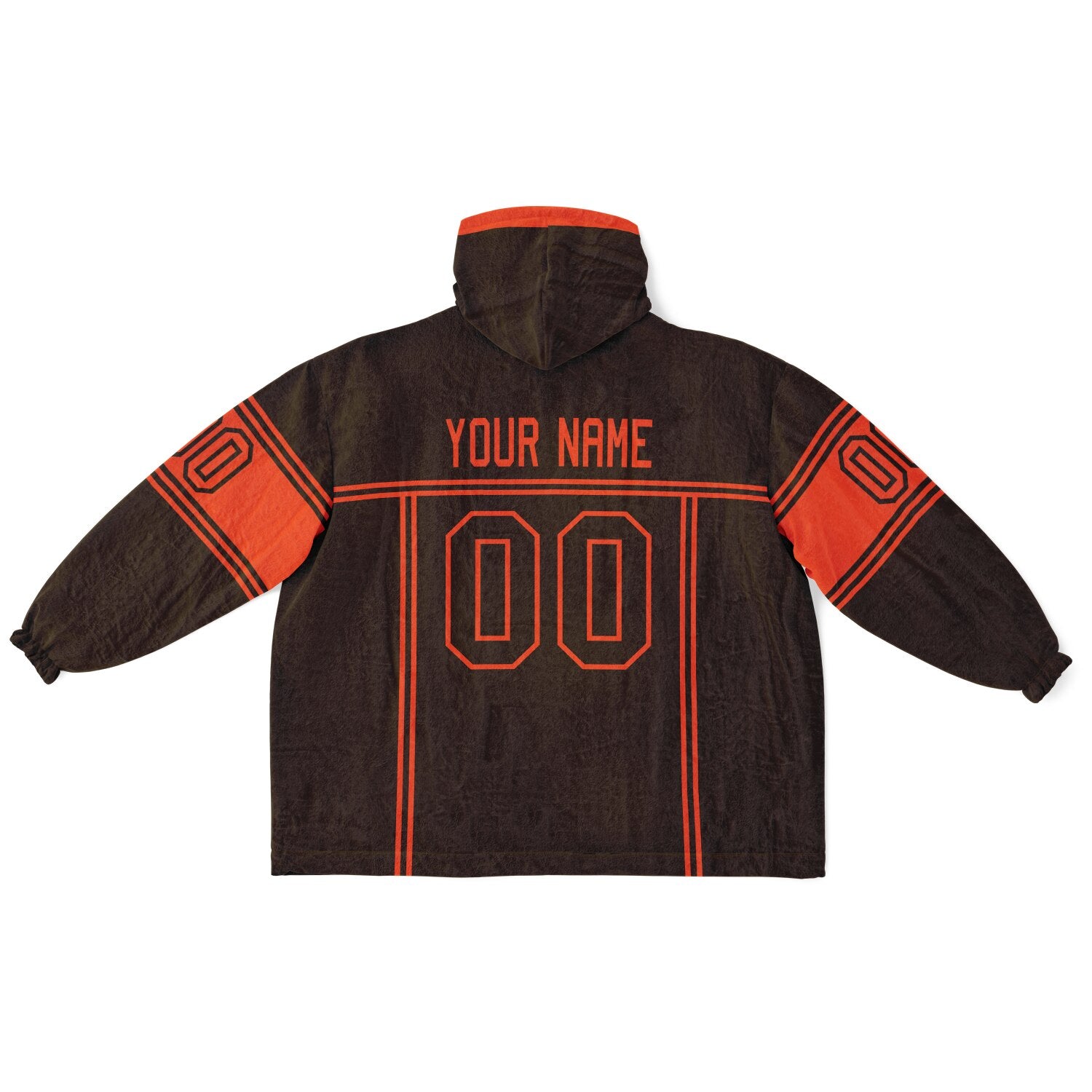 Brown and orange lineup snug hoodie featuring sleek line-art details and minimalist team-inspired design.