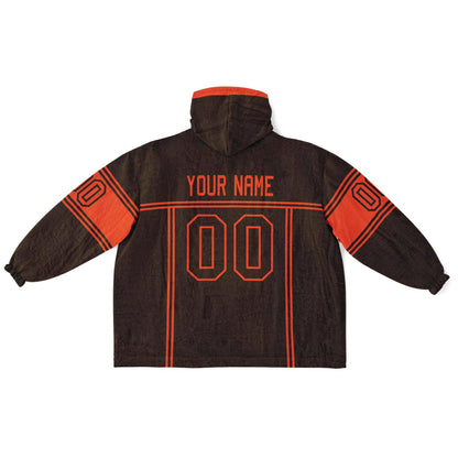 Brown and orange lineup snug hoodie featuring sleek line-art details and minimalist team-inspired design.