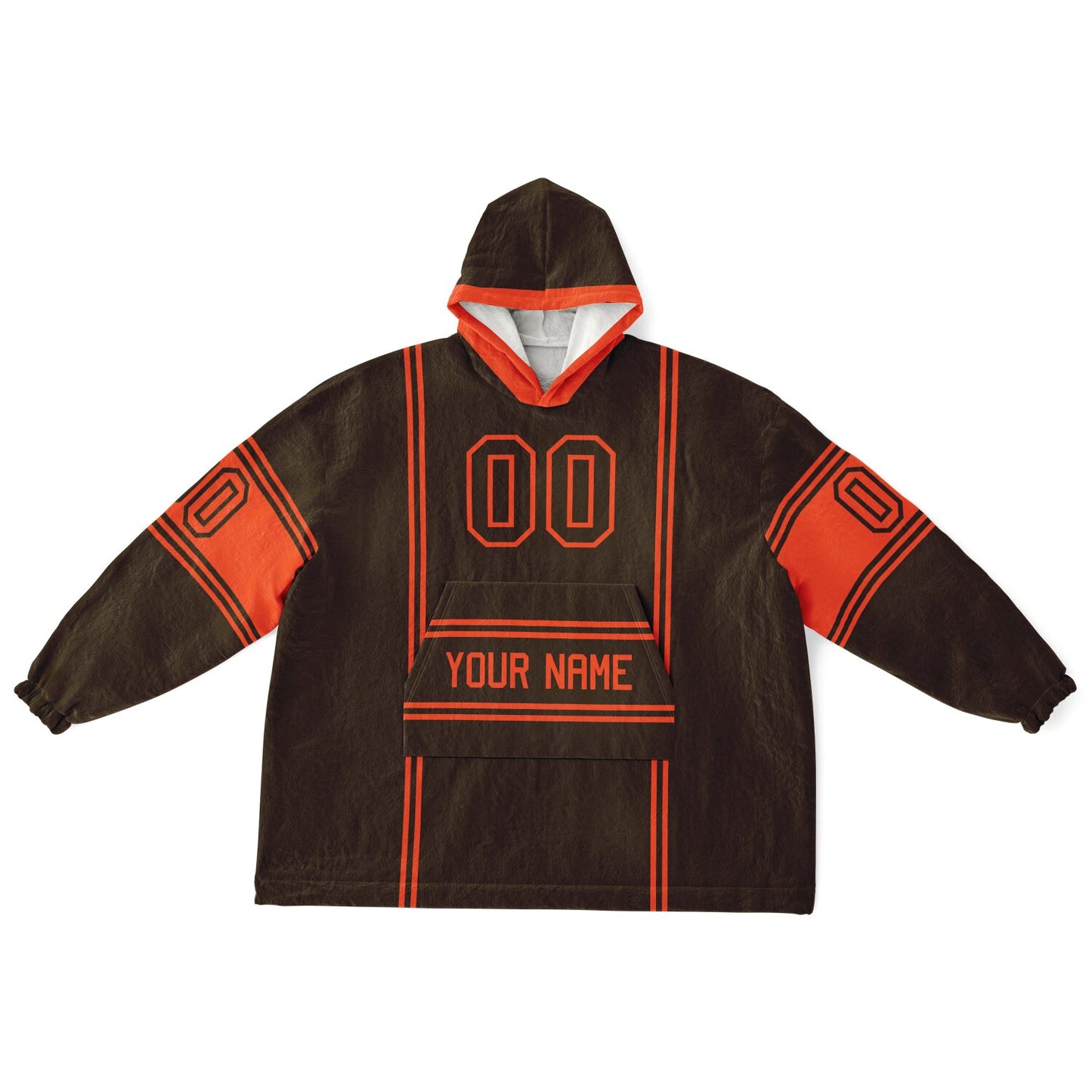 Brown and orange lineup snug hoodie featuring sleek line-art details and minimalist team-inspired design.
