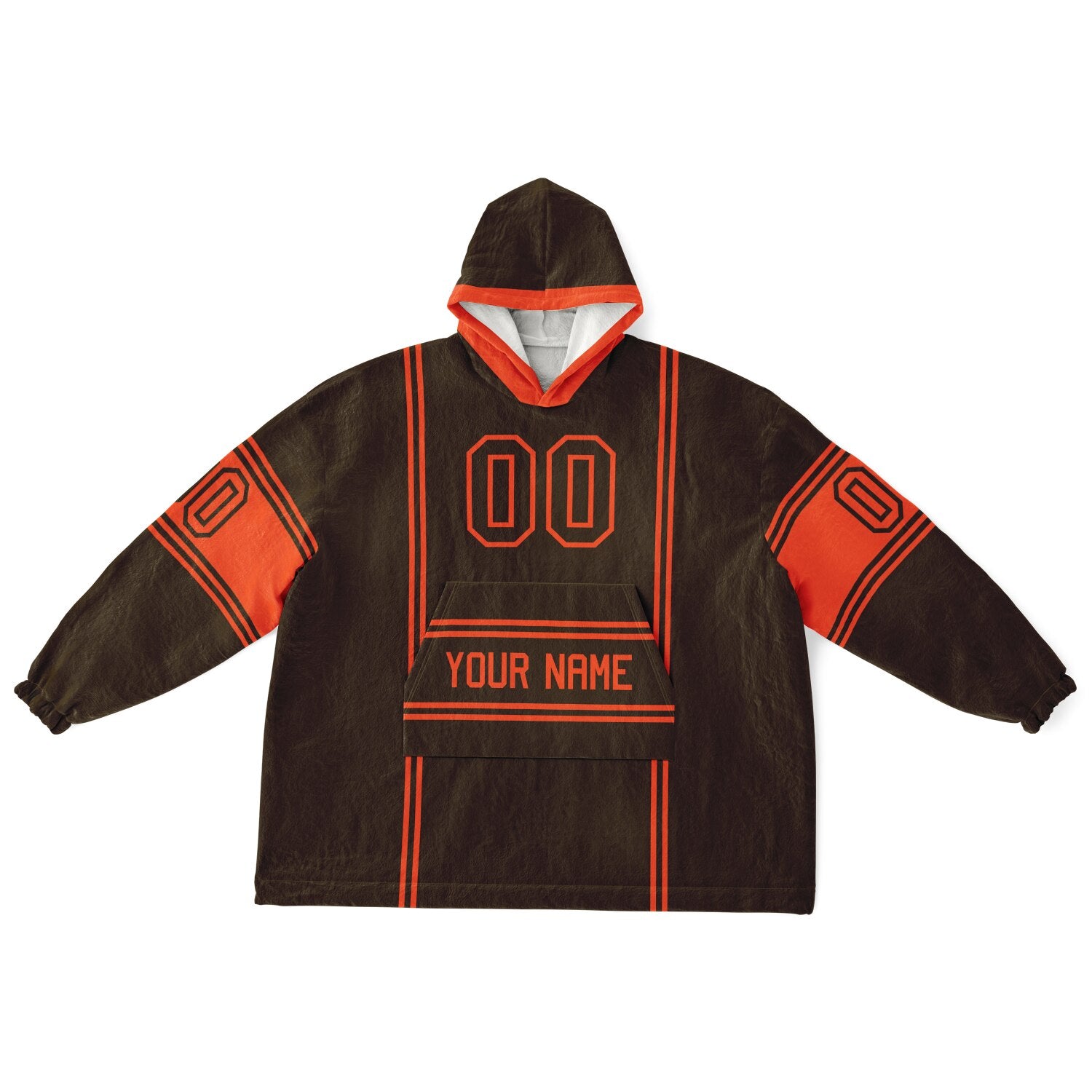 Brown and orange lineup snug hoodie featuring sleek line-art details and minimalist team-inspired design.