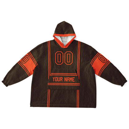 Brown and orange lineup snug hoodie featuring sleek line-art details and minimalist team-inspired design.