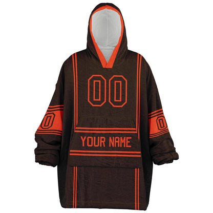 Brown and orange lineup snug hoodie featuring sleek line-art details and minimalist team-inspired design.