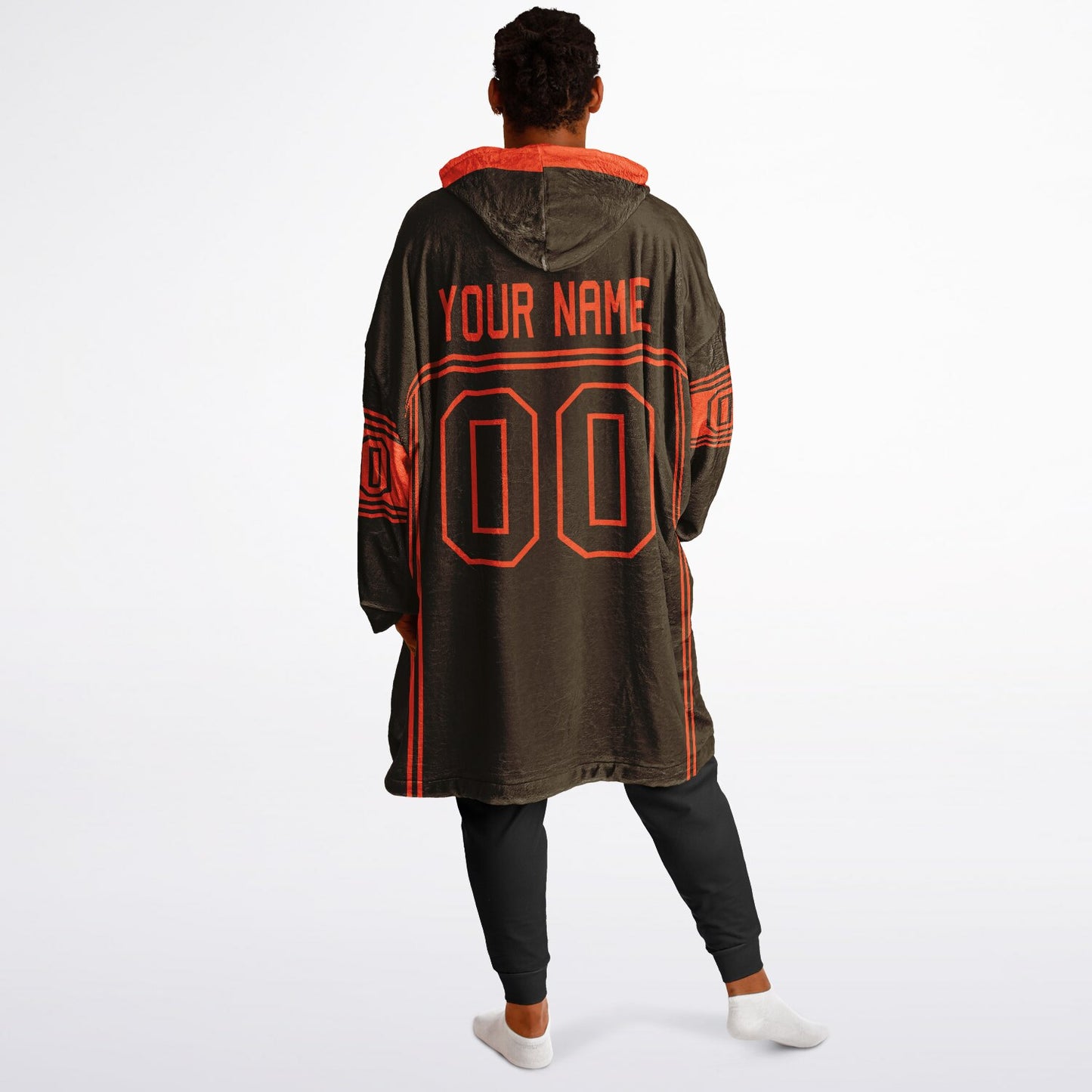 Brown and orange lineup snug hoodie featuring sleek line-art details and minimalist team-inspired design.