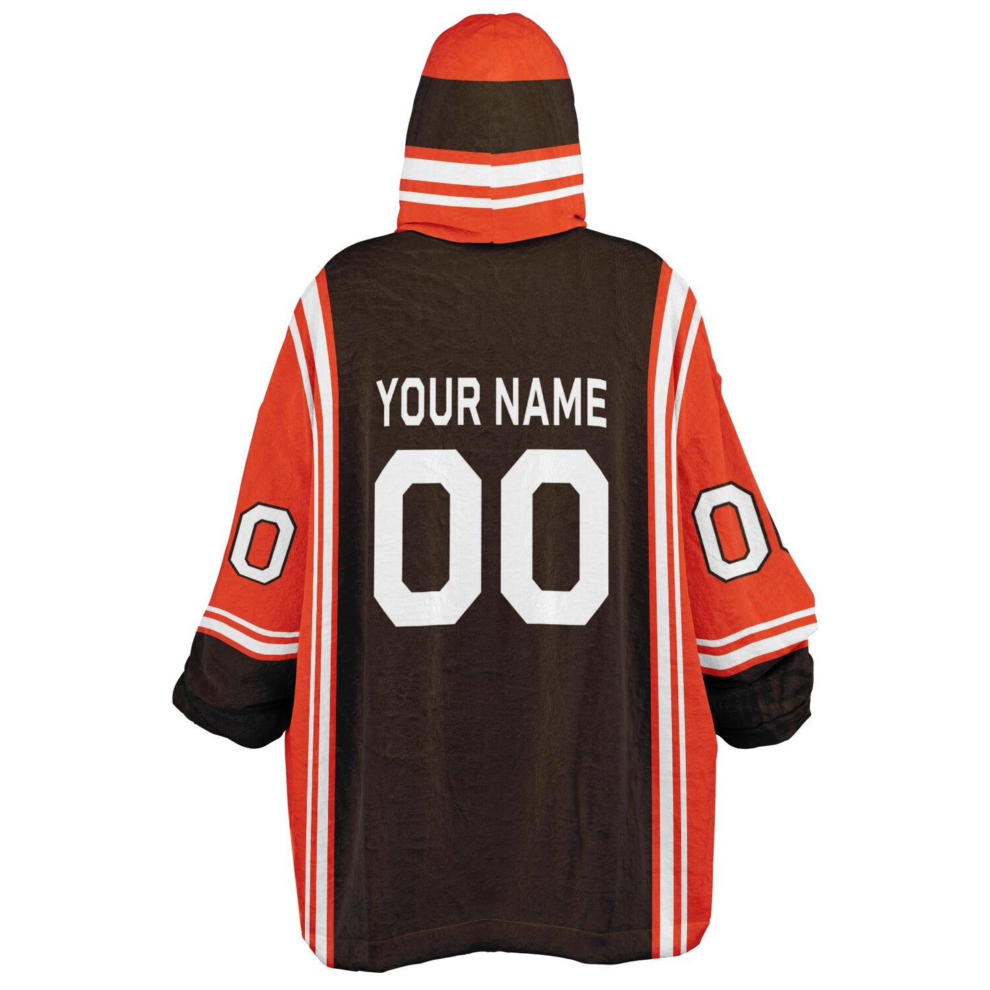 Brown, orange, and white bold snug hoodie with triple color blocking and a sporty aesthetic.