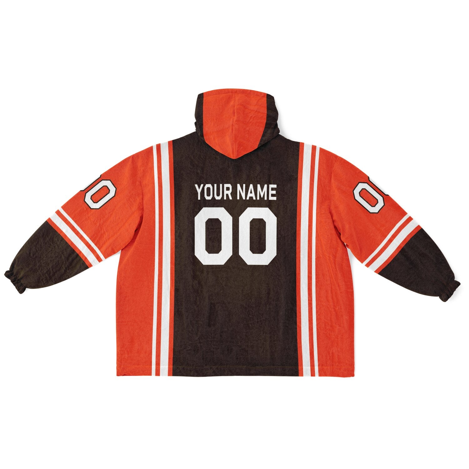 Brown, orange, and white bold snug hoodie with triple color blocking and a sporty aesthetic.