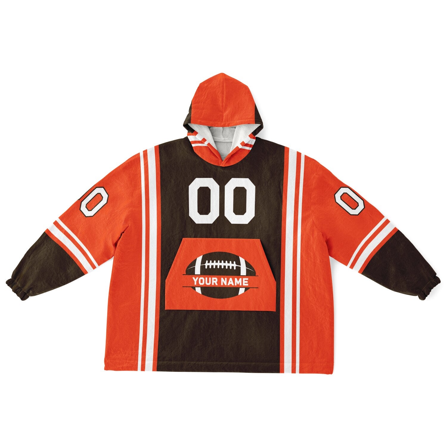 Brown, orange, and white bold snug hoodie with triple color blocking and a sporty aesthetic.