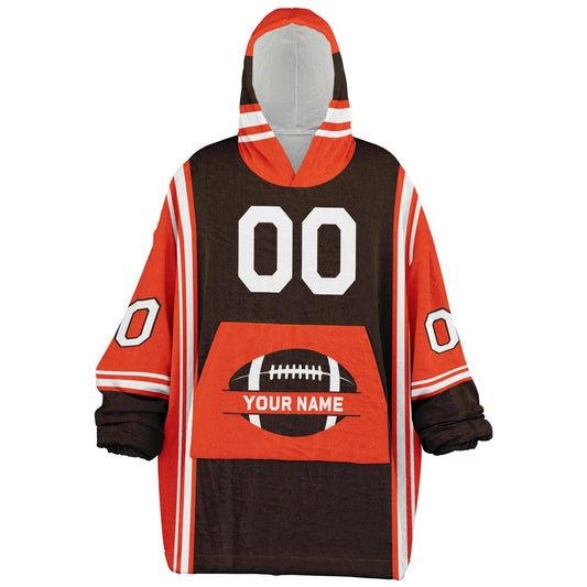 Brown, orange, and white bold snug hoodie with triple color blocking and a sporty aesthetic.