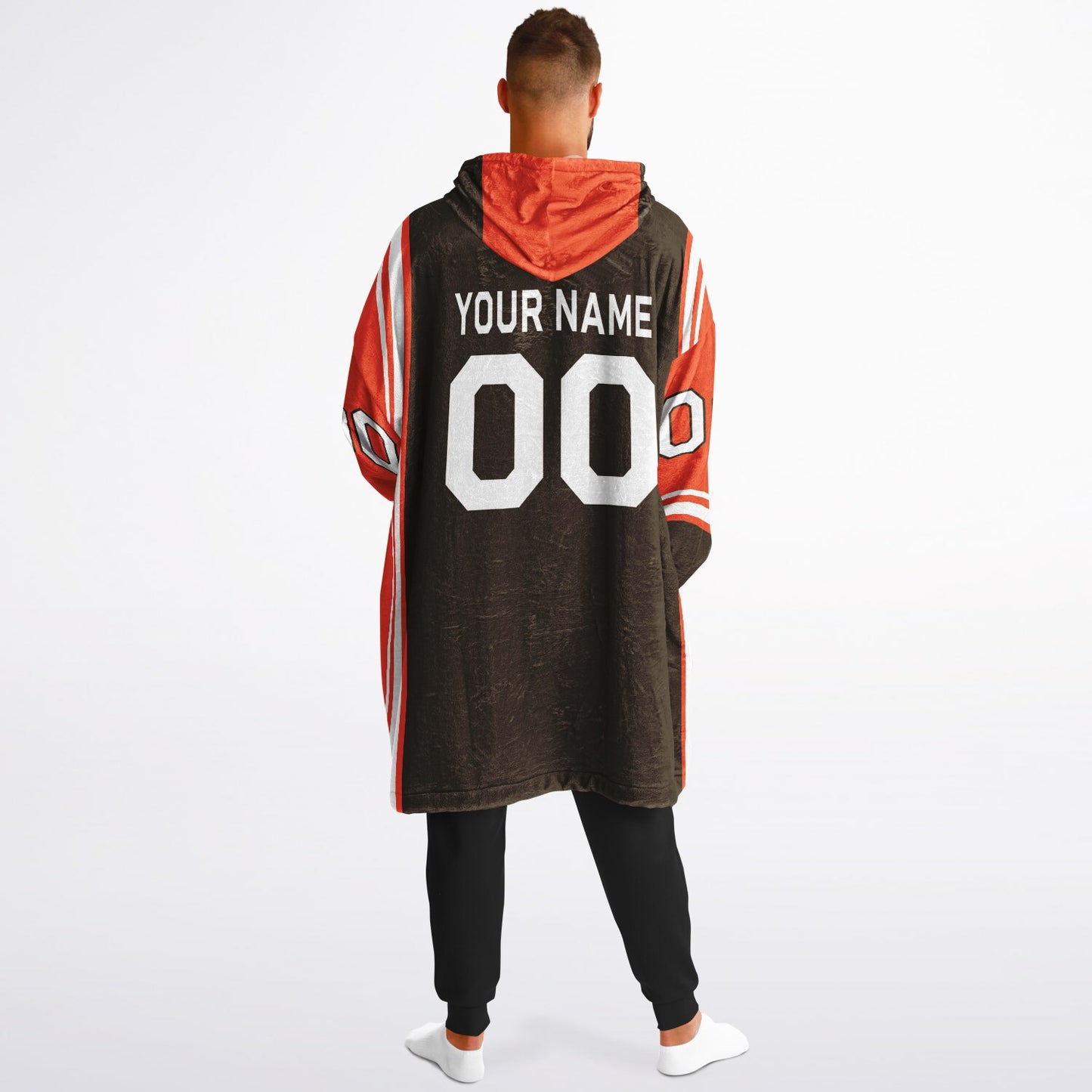 Brown, orange, and white bold snug hoodie with triple color blocking and a sporty aesthetic.