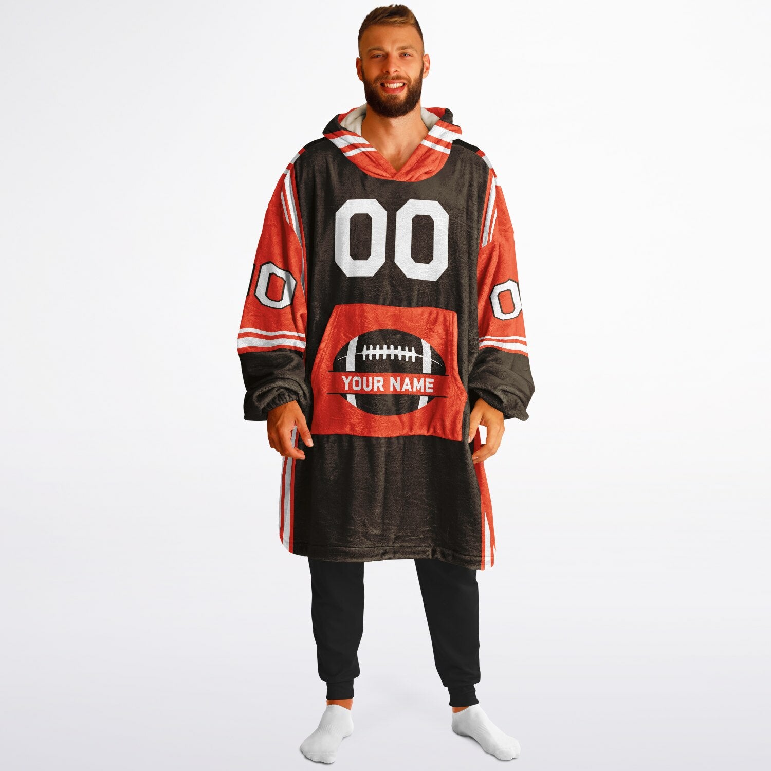 Brown, orange, and white bold snug hoodie with triple color blocking and a sporty aesthetic.