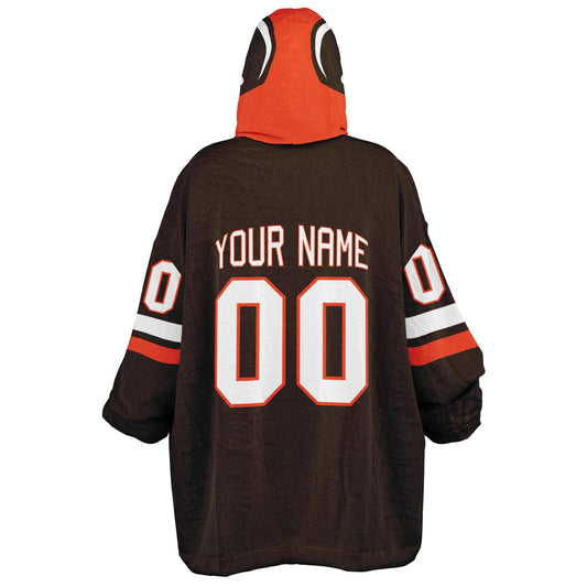 Brown, orange, and white classic snug hoodie featuring authentic jersey striping and personalized number details.
