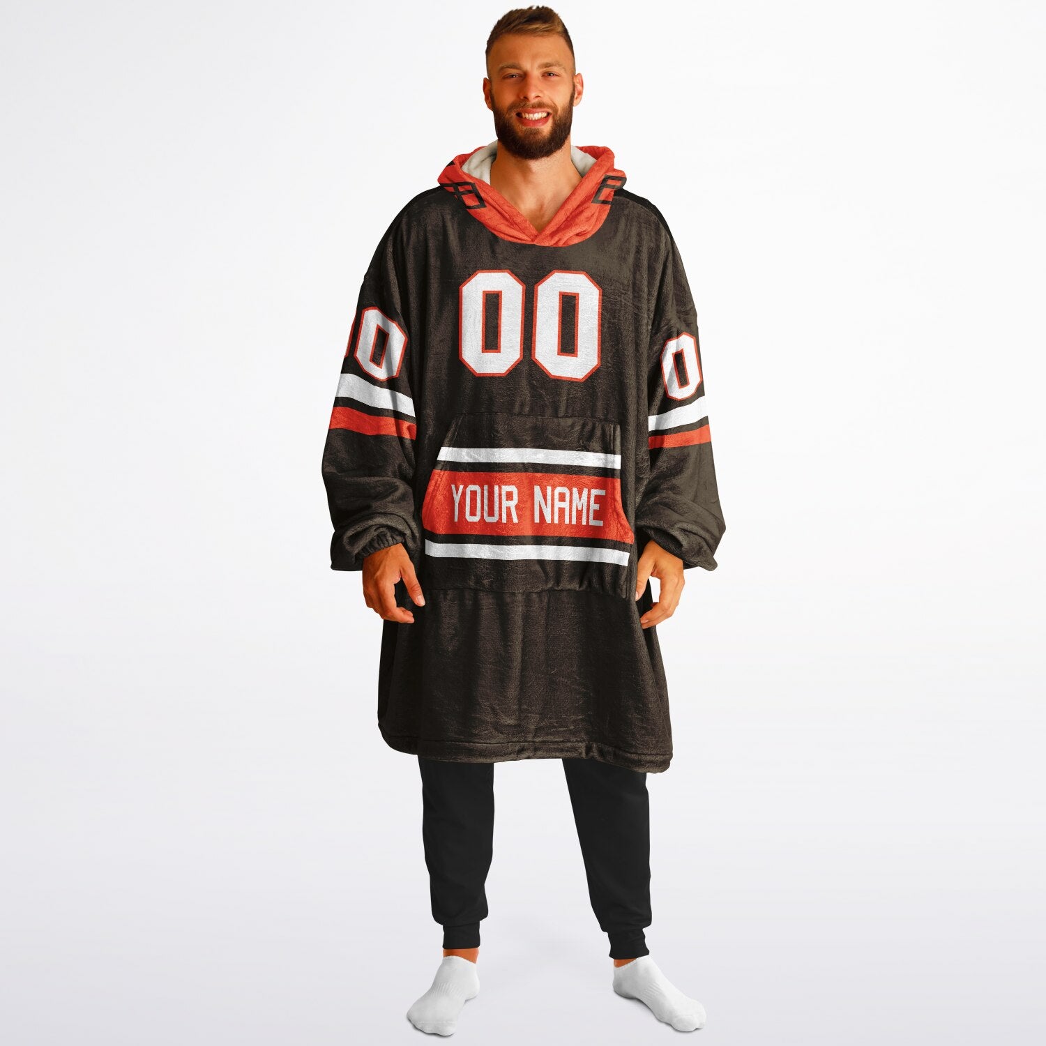Brown, orange, and white classic snug hoodie featuring authentic jersey striping and personalized number details.