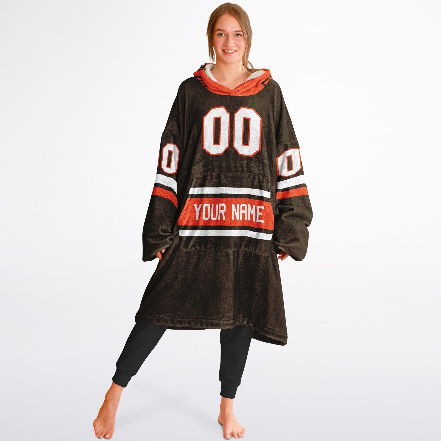 Brown, orange, and white classic snug hoodie featuring authentic jersey striping and personalized number details.