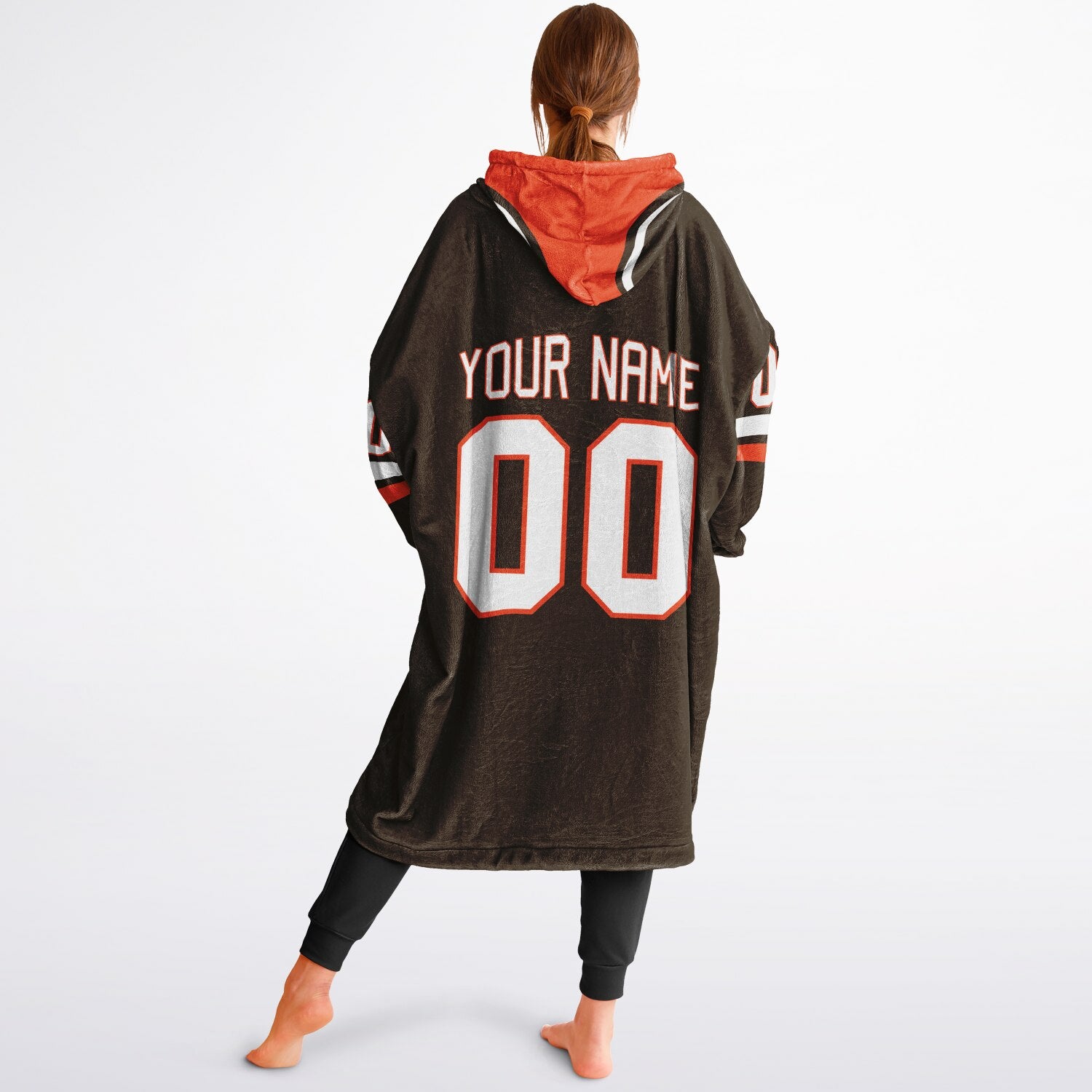 Brown, orange, and white classic snug hoodie featuring authentic jersey striping and personalized number details.