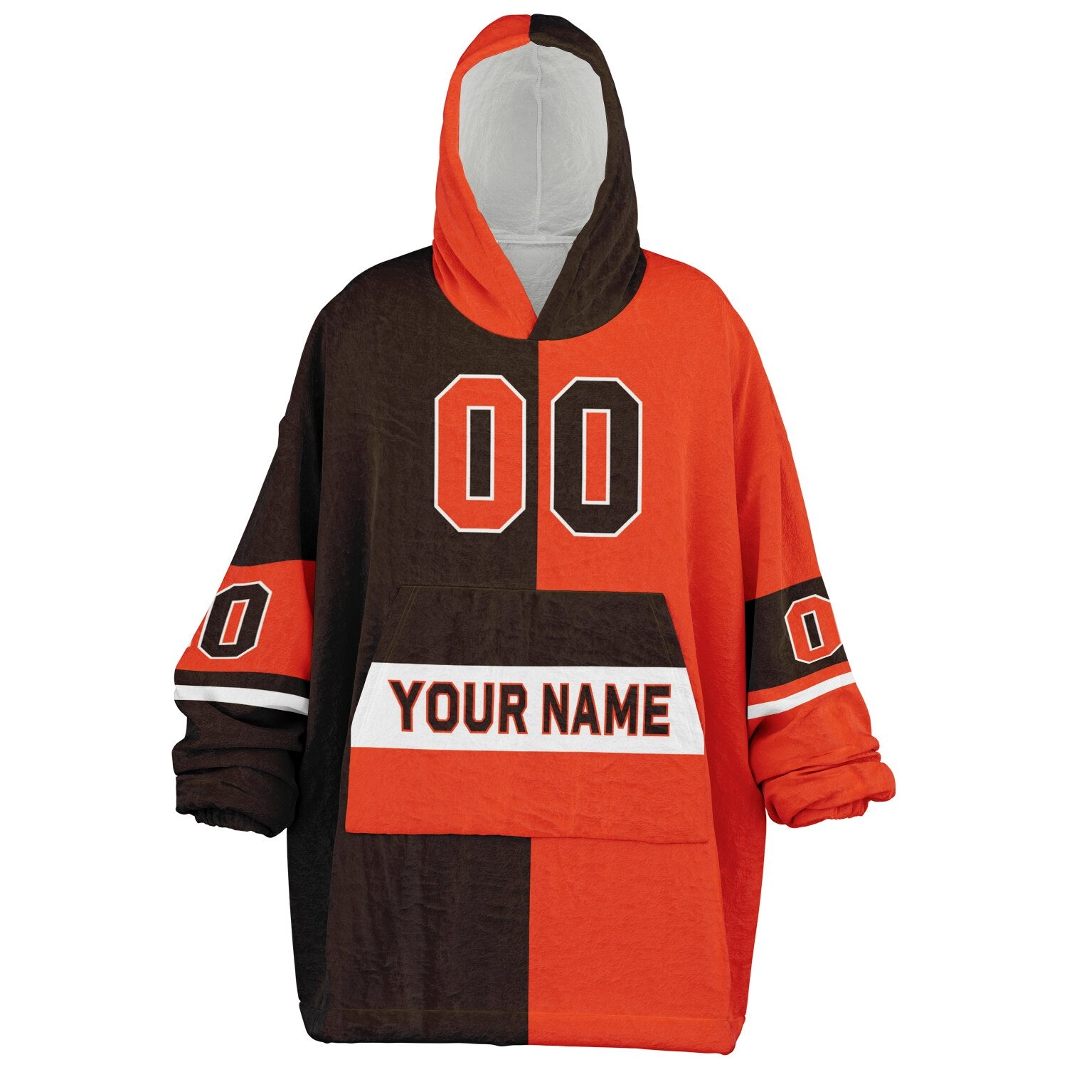 Brown, orange, and white halftime snug hoodie with three-tone split design and cozy fleece texture.