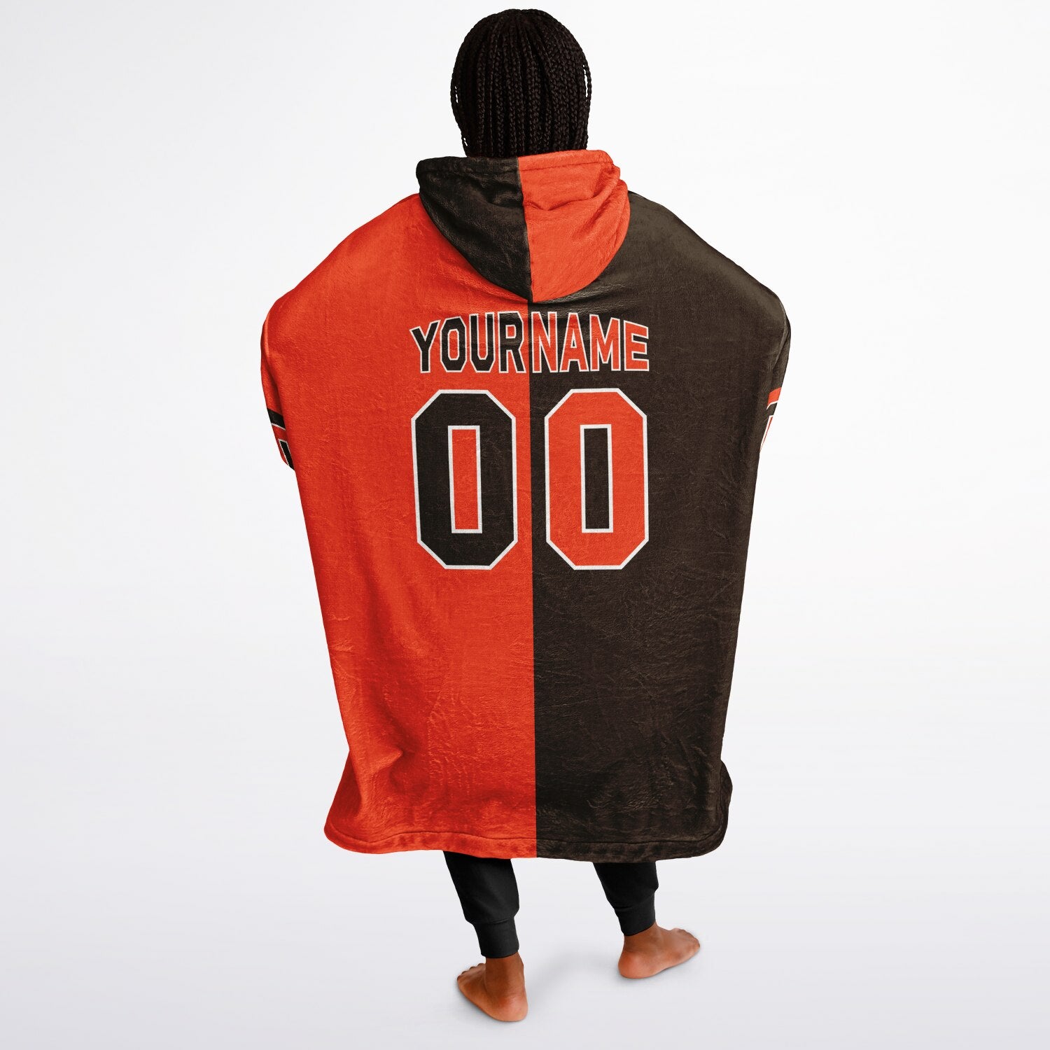 Brown, orange, and white halftime snug hoodie with three-tone split design and cozy fleece texture.