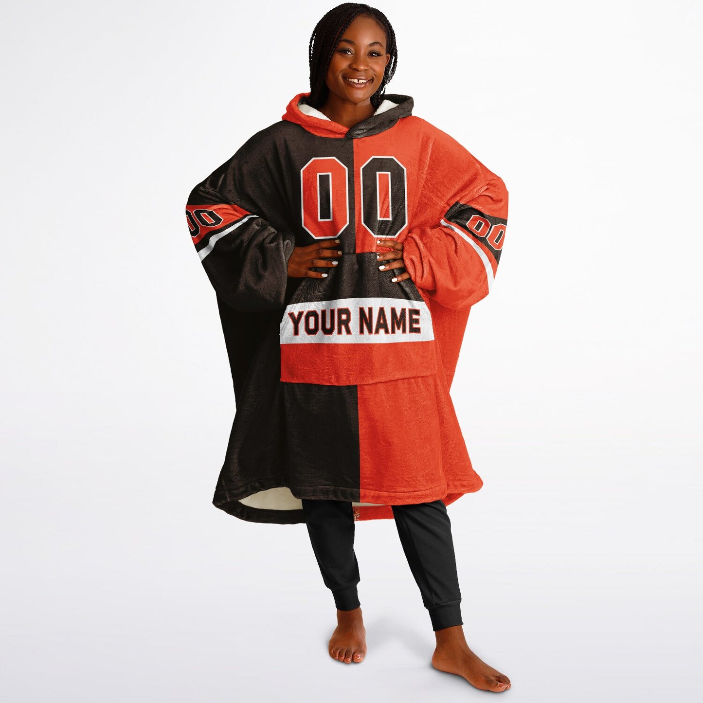 Brown, orange, and white halftime snug hoodie with three-tone split design and cozy fleece texture.