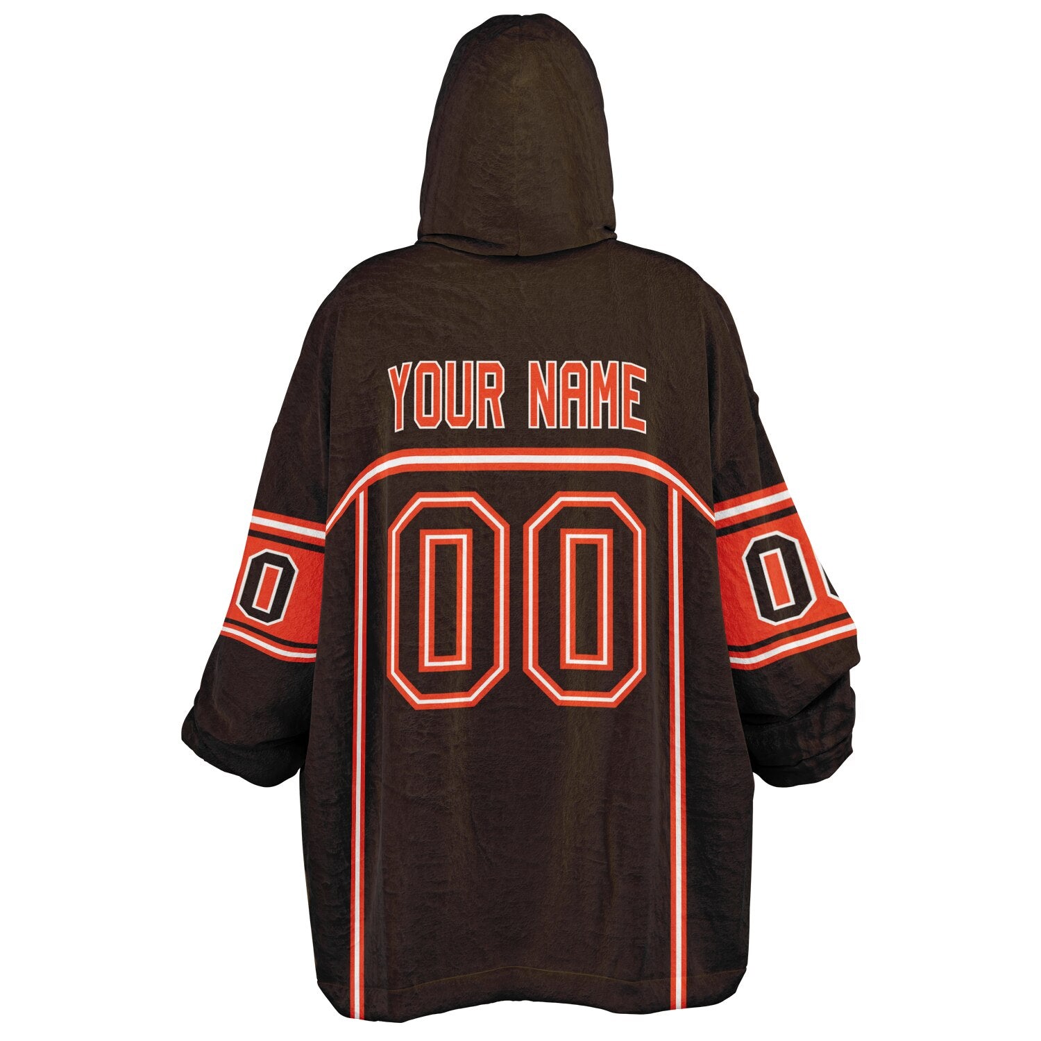 Brown, orange, and white lineup snug hoodie with clean line work and subtle jersey influence.
