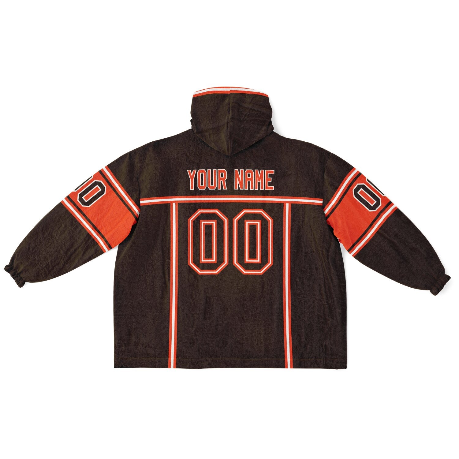 Brown, orange, and white lineup snug hoodie with clean line work and subtle jersey influence.