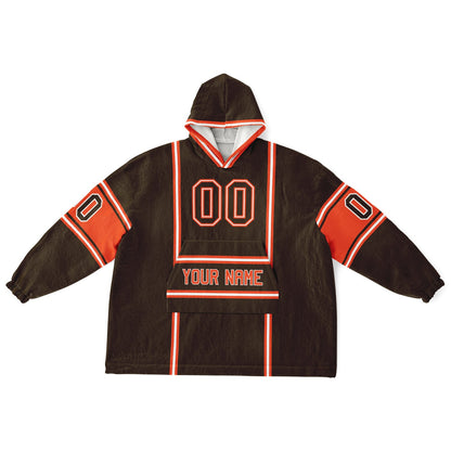 Brown, orange, and white lineup snug hoodie with clean line work and subtle jersey influence.