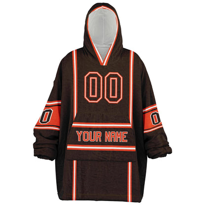 Brown, orange, and white lineup snug hoodie with clean line work and subtle jersey influence.