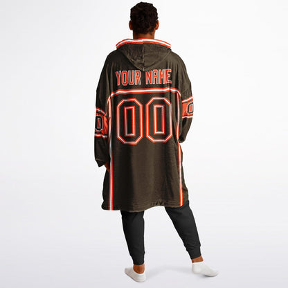 Brown, orange, and white lineup snug hoodie with clean line work and subtle jersey influence.