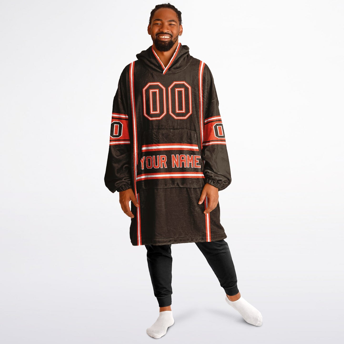 Brown, orange, and white lineup snug hoodie with clean line work and subtle jersey influence.