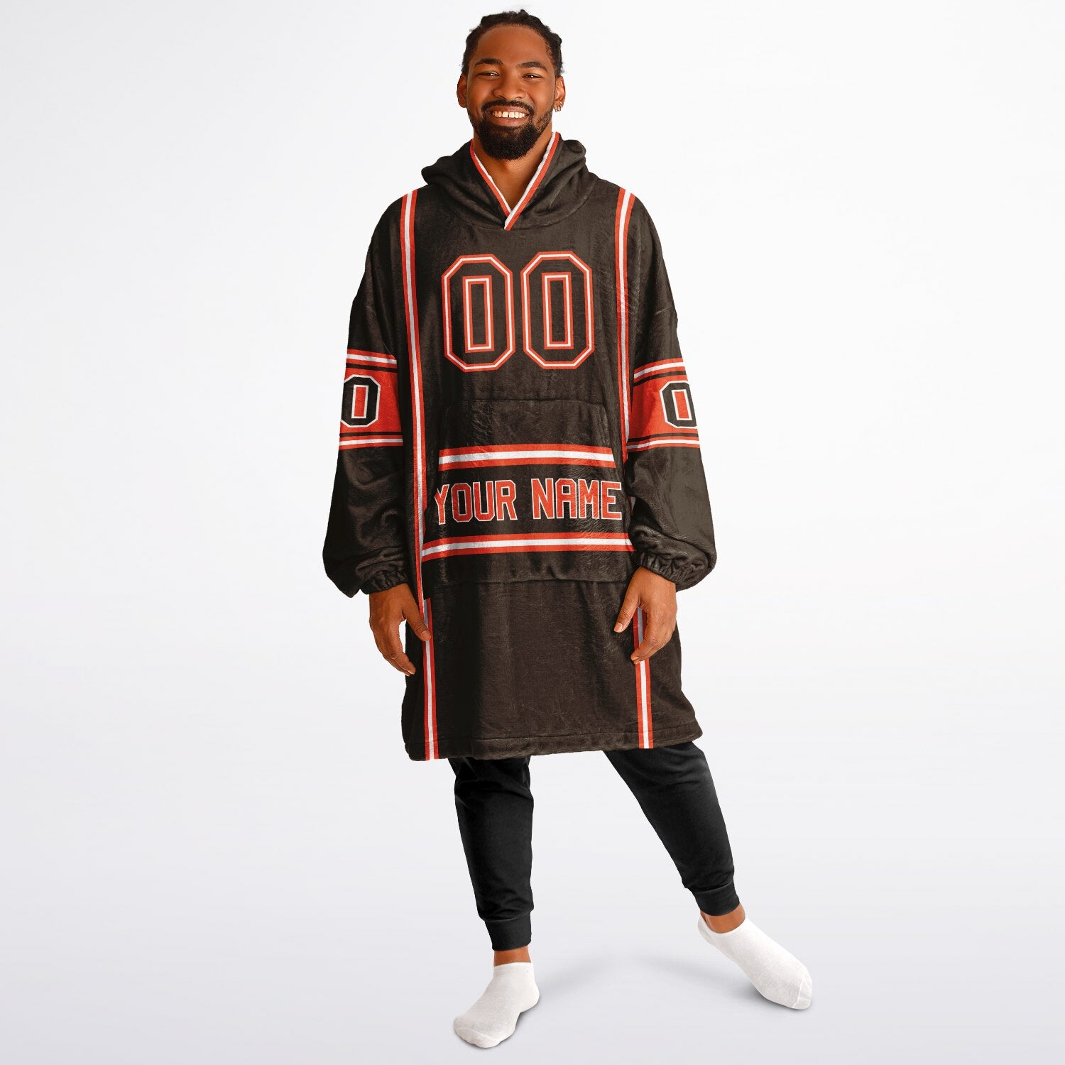 Brown, orange, and white lineup snug hoodie with clean line work and subtle jersey influence.