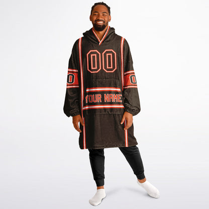 Brown, orange, and white lineup snug hoodie with clean line work and subtle jersey influence.