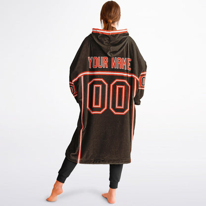 Brown, orange, and white lineup snug hoodie with clean line work and subtle jersey influence