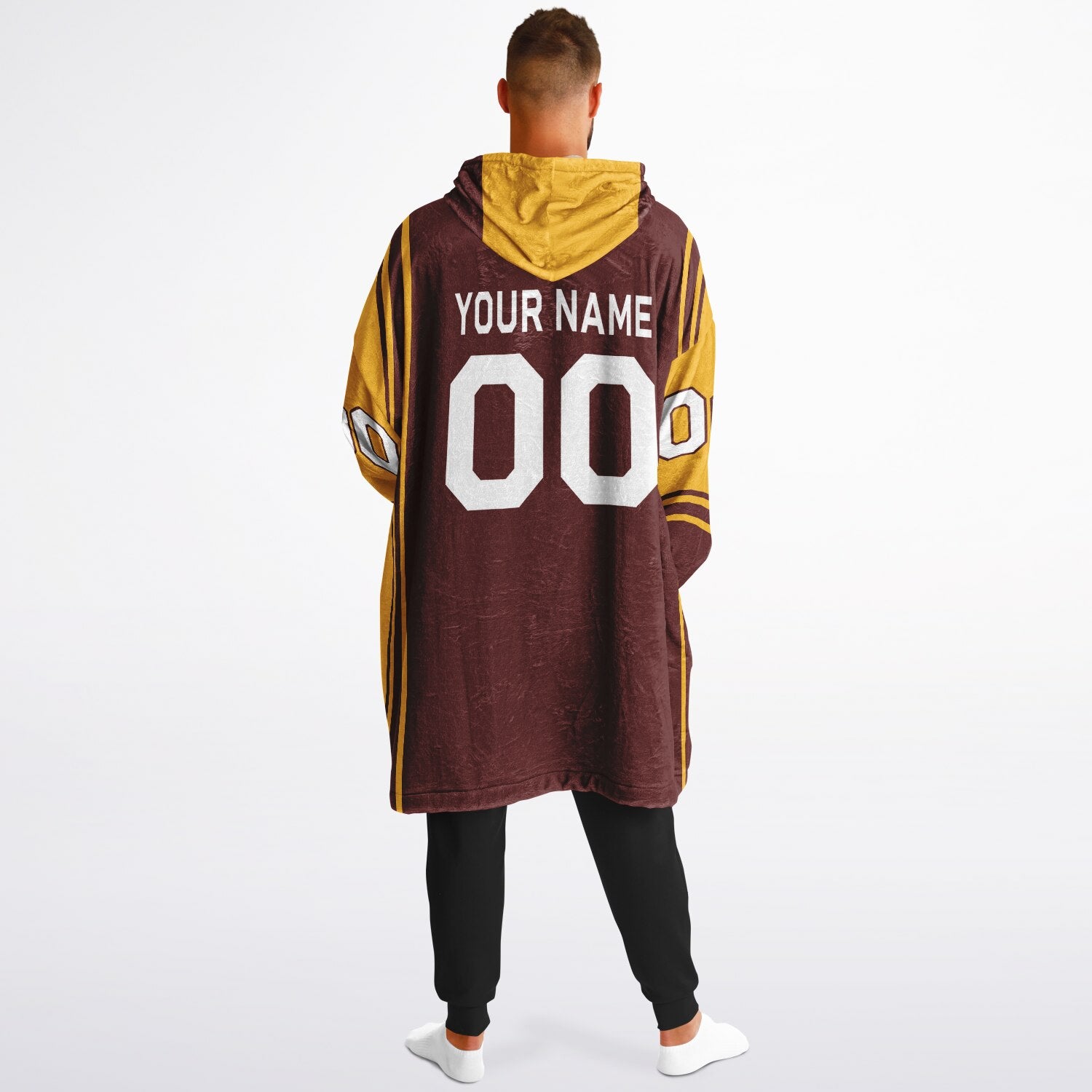 Burgundy and gold bold snug hoodie with modern color-block design and soft loungewear fit.