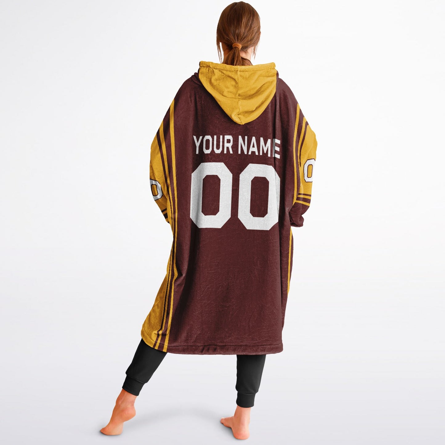 Burgundy and gold bold snug hoodie with modern color-block design and soft loungewear fit.