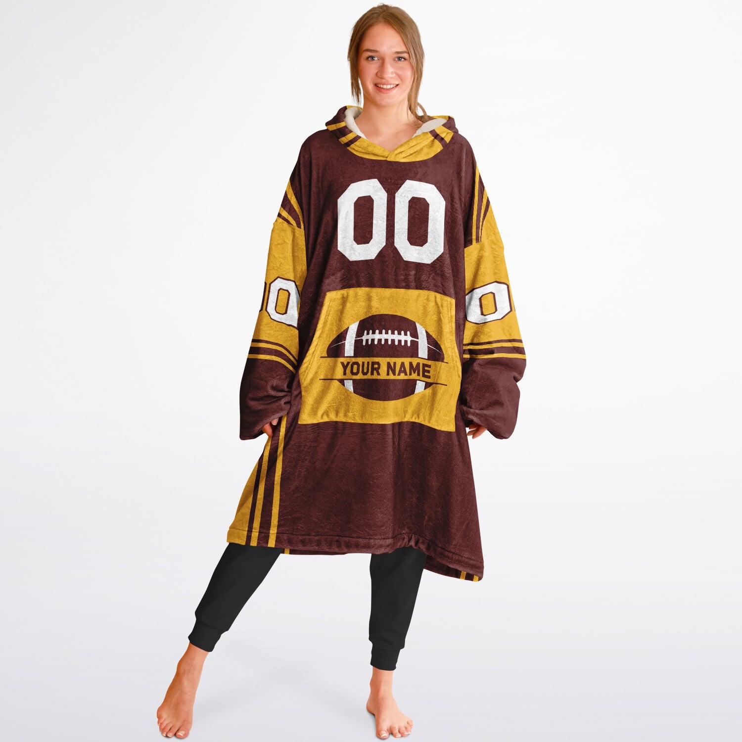 Burgundy and gold bold snug hoodie with modern color-block design and soft loungewear fit.