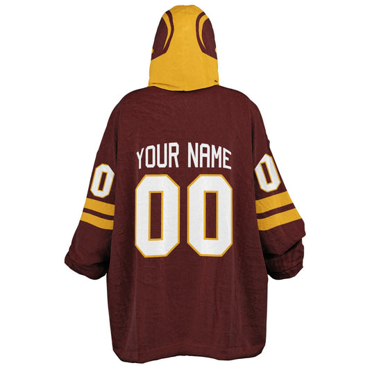 Burgundy and gold classic snug hoodie featuring jersey-style stripes and personalized name and number.