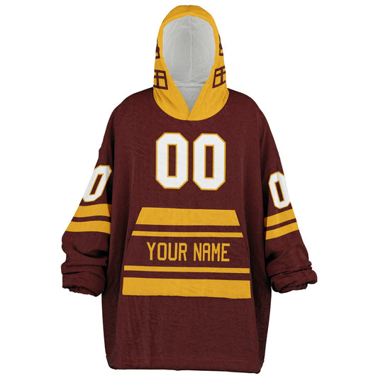 Burgundy and gold classic snug hoodie featuring jersey-style stripes and personalized name and number.