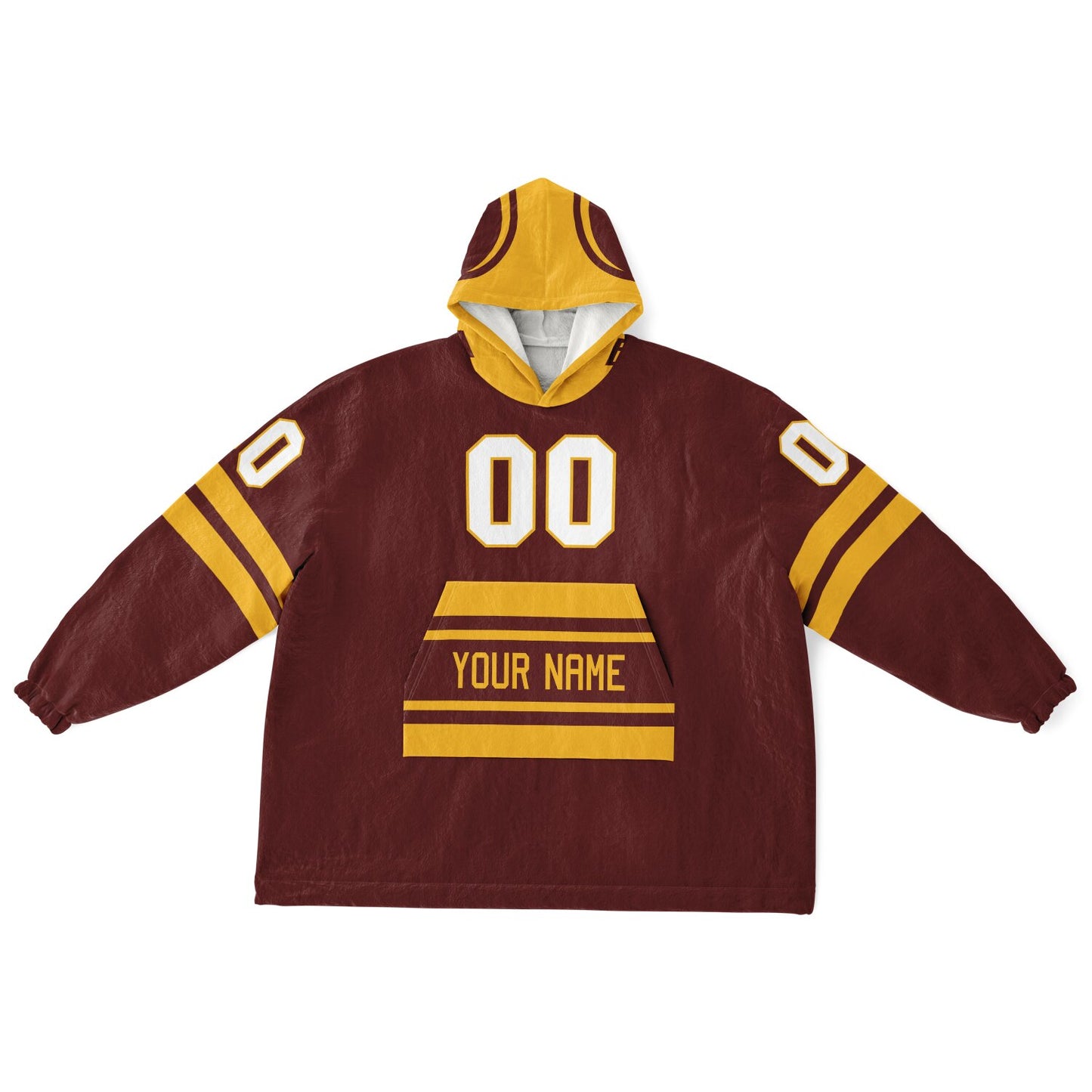 Burgundy and gold classic snug hoodie featuring jersey-style stripes and personalized name and number.