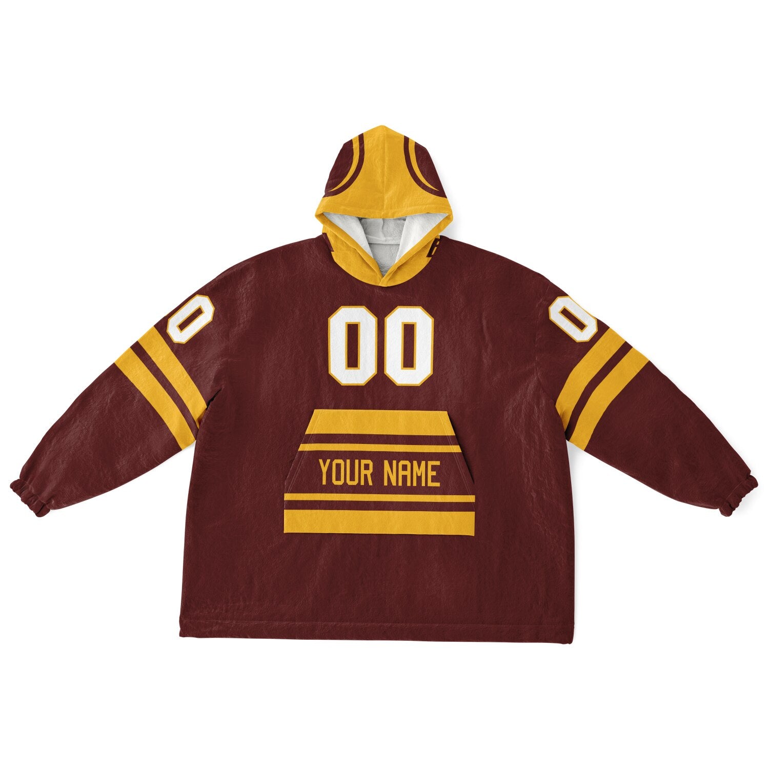 Burgundy and gold classic snug hoodie featuring jersey-style stripes and personalized name and number.