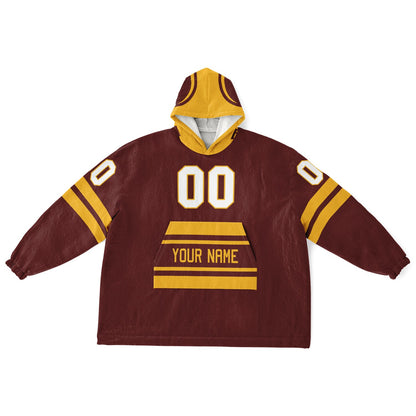 Burgundy and gold classic snug hoodie featuring jersey-style stripes and personalized name and number.