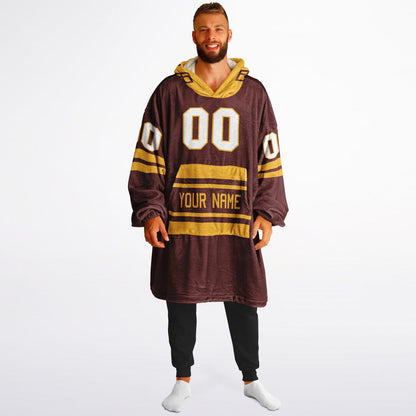 Burgundy and gold classic snug hoodie featuring jersey-style stripes and personalized name and number.