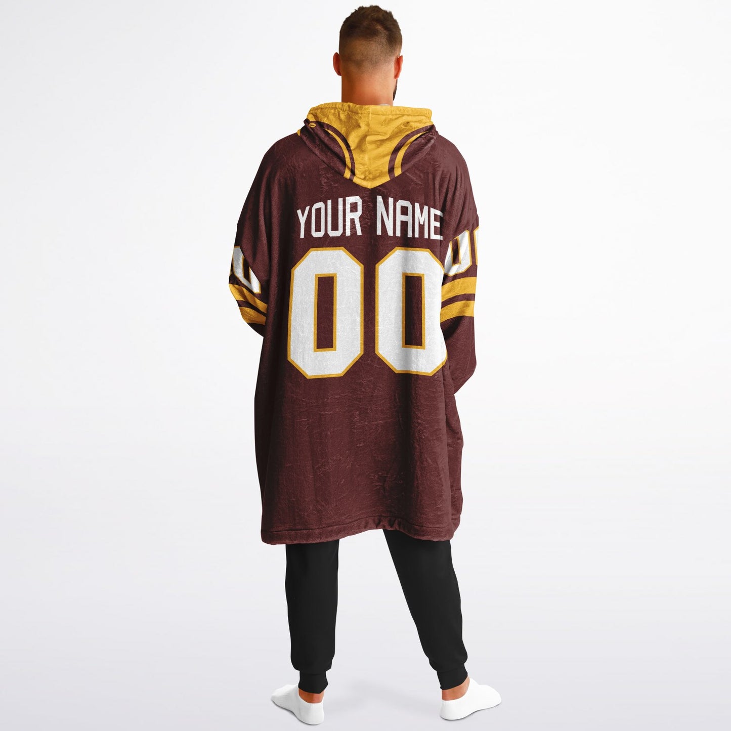 Burgundy and gold classic snug hoodie featuring jersey-style stripes and personalized name and number.