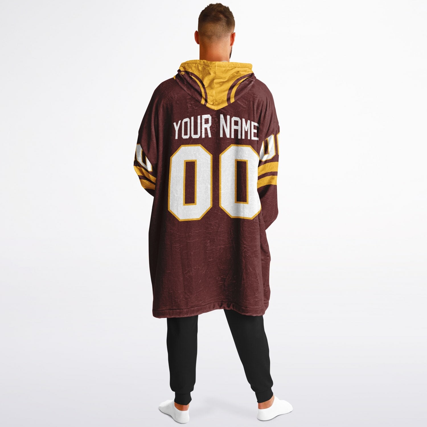 Burgundy and gold classic snug hoodie featuring jersey-style stripes and personalized name and number.