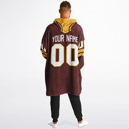 Burgundy and gold classic snug hoodie featuring jersey-style stripes and personalized name and number.