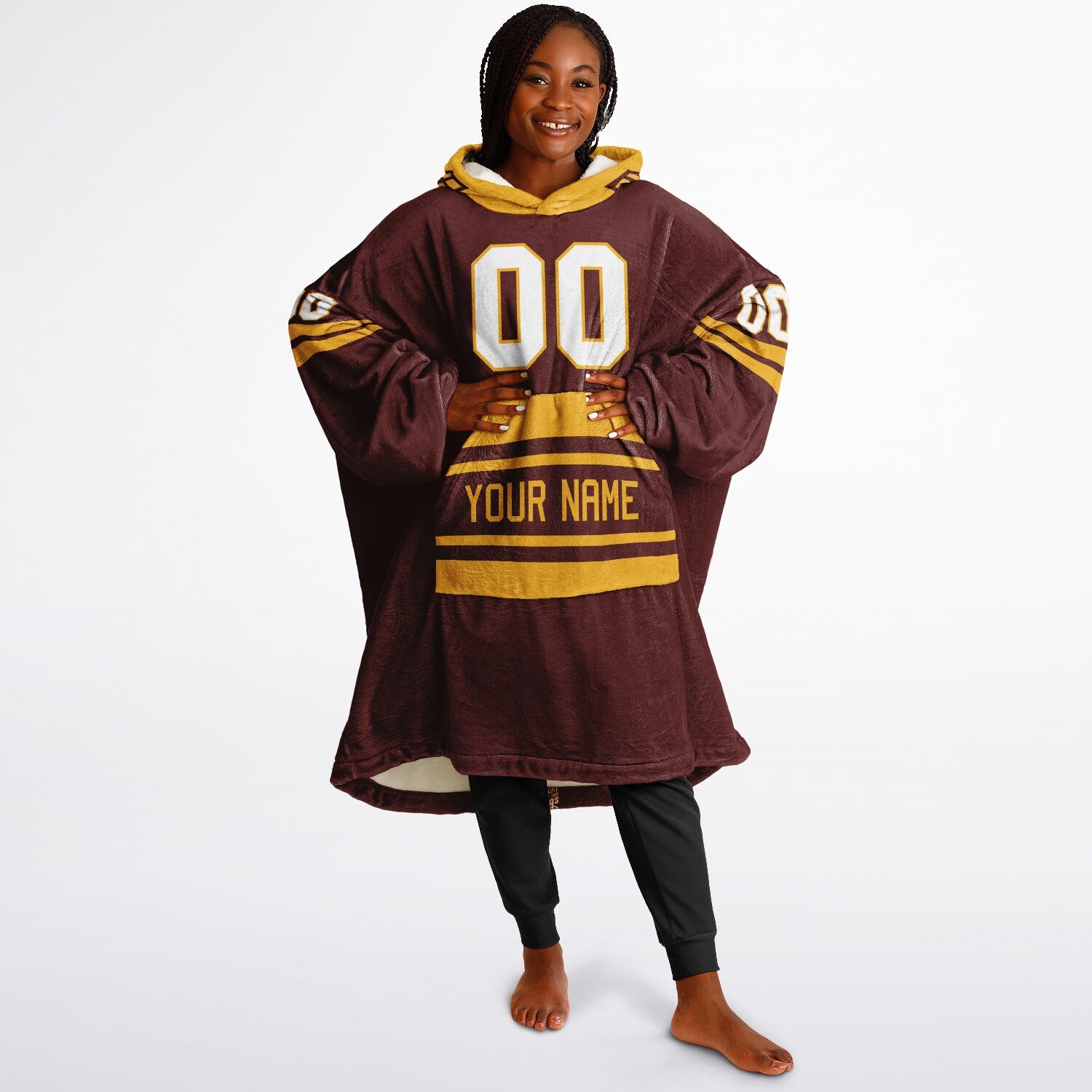 Burgundy and gold classic snug hoodie featuring jersey-style stripes and personalized name and number.