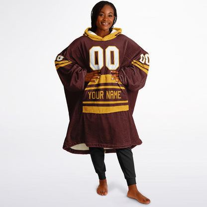 Burgundy and gold classic snug hoodie featuring jersey-style stripes and personalized name and number.
