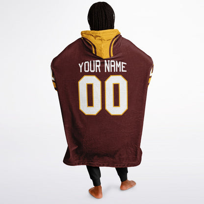 Burgundy and gold classic snug hoodie featuring jersey-style stripes and personalized name and number.