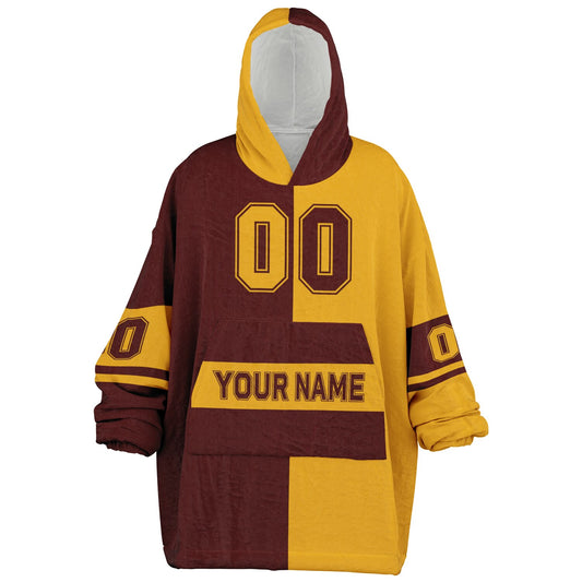 Burgundy and gold halftime snug hoodie featuring a symmetrical split design for a dynamic game-day look.