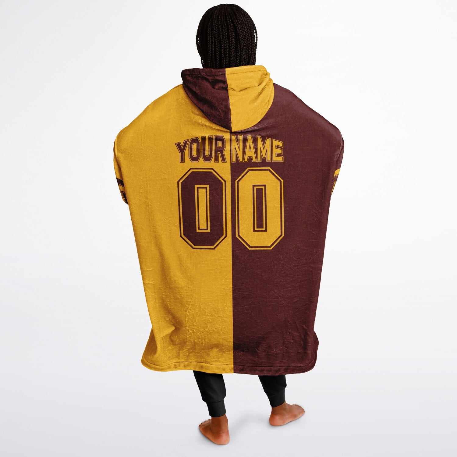 Burgundy and gold halftime snug hoodie featuring a symmetrical split design for a dynamic game-day look.