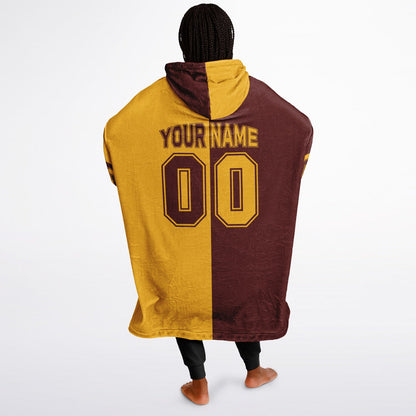 Burgundy and gold halftime snug hoodie featuring a symmetrical split design for a dynamic game-day look.