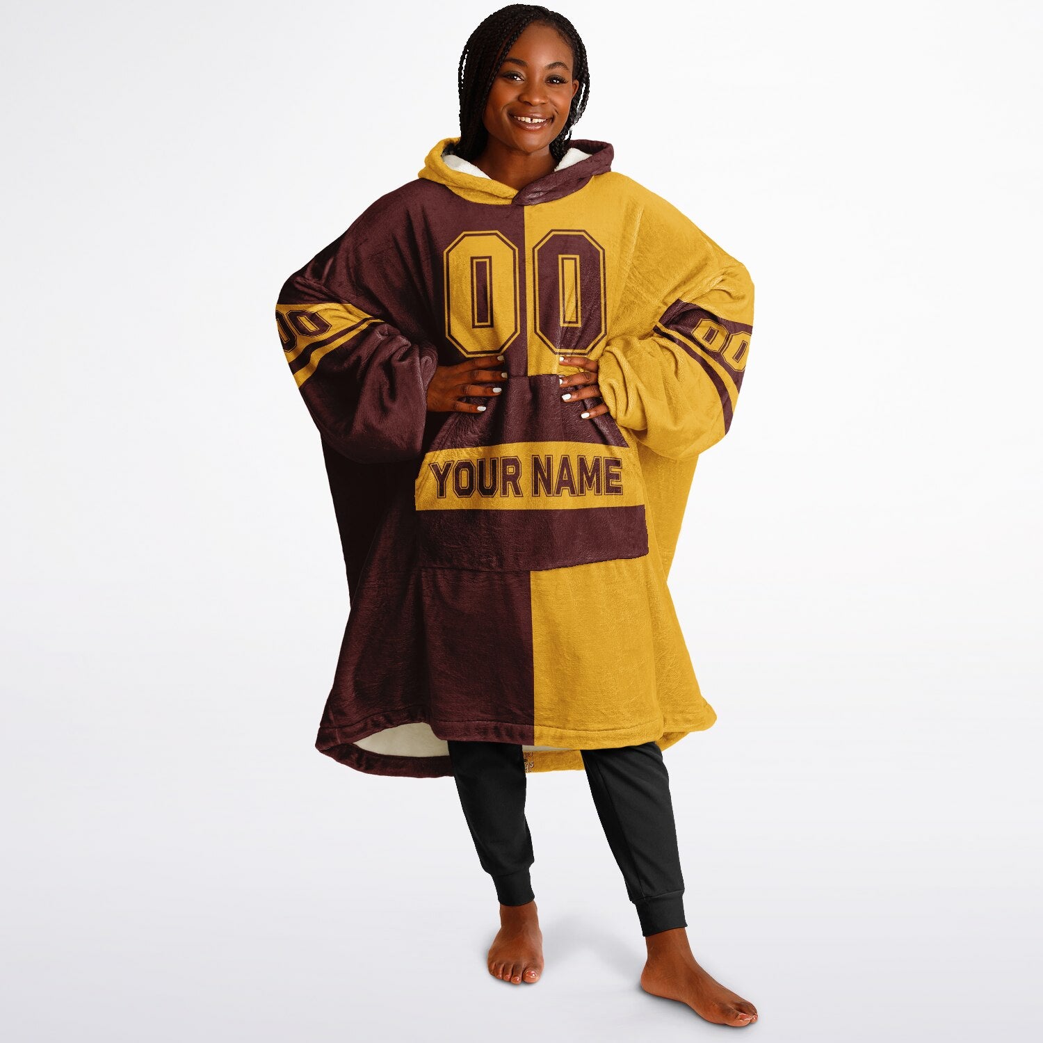 Burgundy and gold halftime snug hoodie featuring a symmetrical split design for a dynamic game-day look.