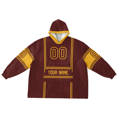 Burgundy and gold lineup snug hoodie featuring sleek line-art details and minimalist team-inspired design.
